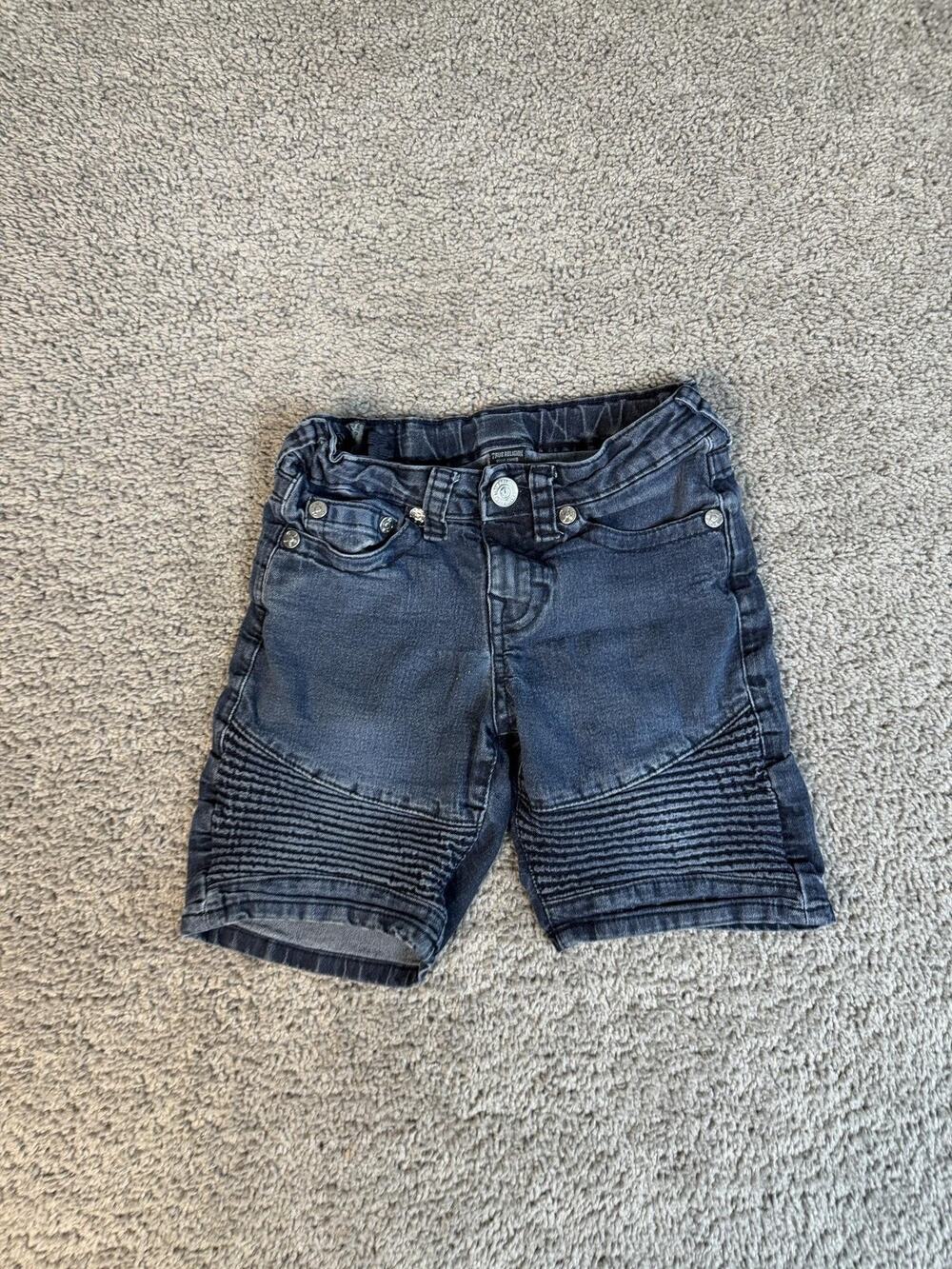 True Religion Shorts Boys 8 Blue Geno Biker Denim Slim Fit 23x7.5 Pockets Casual